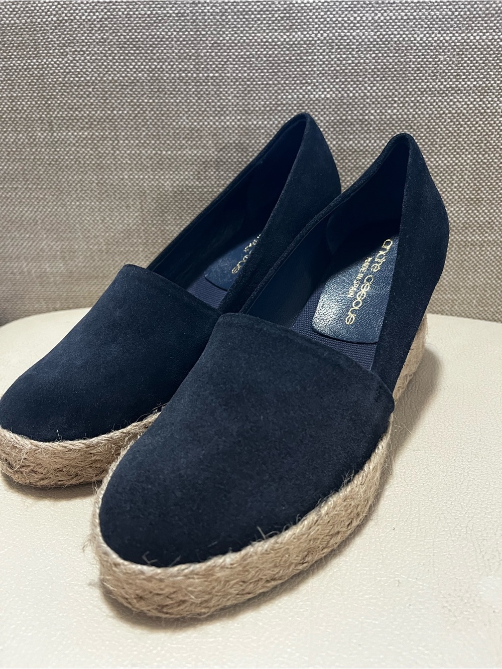 Andre Assous Navy Blue Suede Espadrille Wedge Women’s Size 6